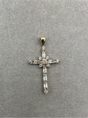10K Yellow Gold Baguette And Round CZ Cluster Cross Pendant